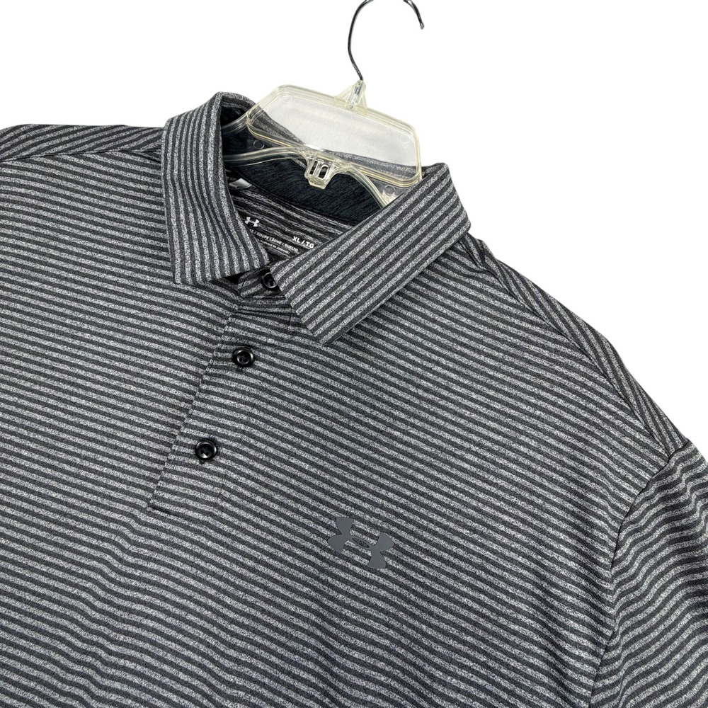 Under Armour Polo Shirt Mens XL Gray Striped HeatGear Short Sleeve Logo Golf